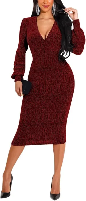 Women's Elegant Bodycon Long Dresses Deep V Neck Long Sleeves Club Night Party Midi Dress