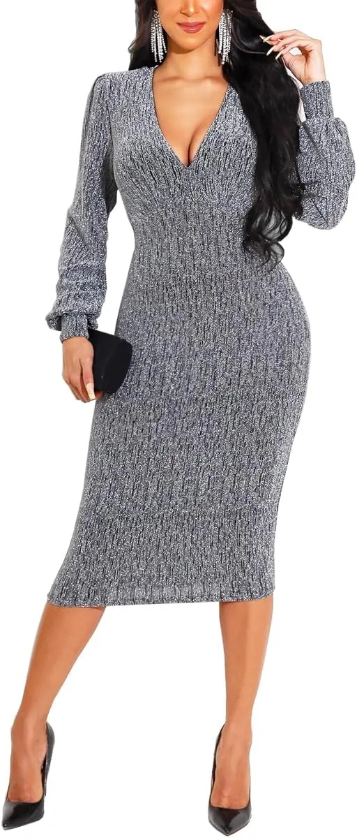 Women's Elegant Bodycon Long Dresses Deep V Neck Long Sleeves Club Night Party Midi Dress