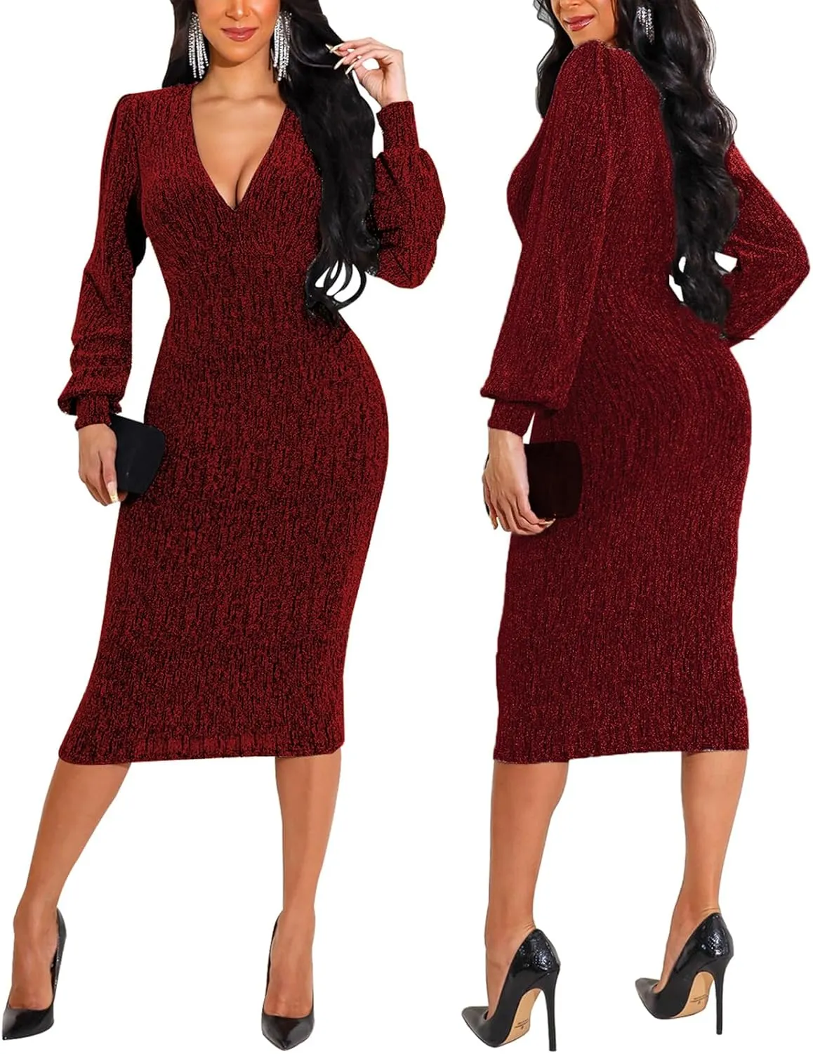 Women's Elegant Bodycon Long Dresses Deep V Neck Long Sleeves Club Night Party Midi Dress