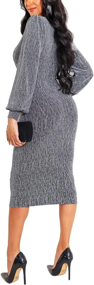 Women's Elegant Bodycon Long Dresses Deep V Neck Long Sleeves Club Night Party Midi Dress