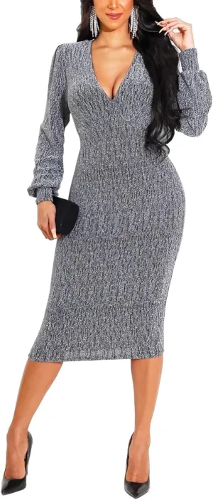 Women's Elegant Bodycon Long Dresses Deep V Neck Long Sleeves Club Night Party Midi Dress