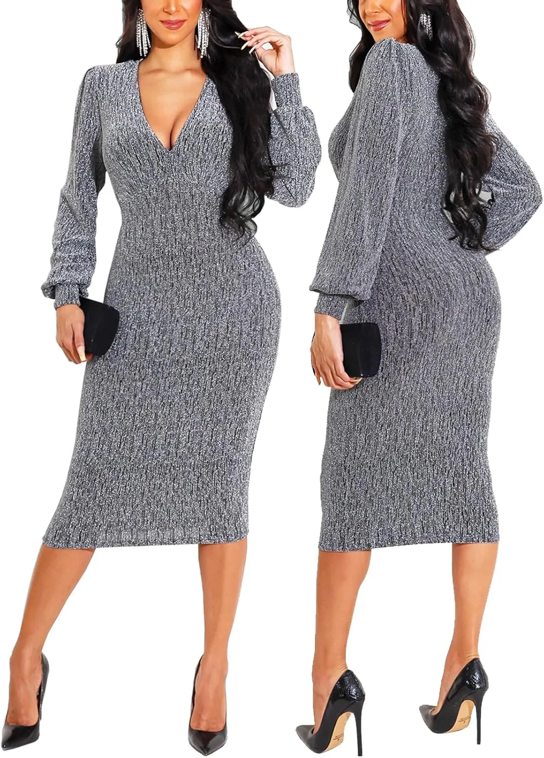 Women's Elegant Bodycon Long Dresses Deep V Neck Long Sleeves Club Night Party Midi Dress
