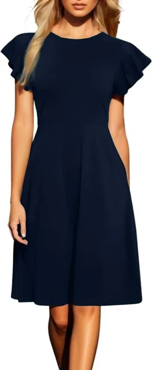 Women's Elegant Dress Solid Puff Sleeve Round Neck Slimming Waist Midi Skirt Flowy Big Hem Work Prom Gowns