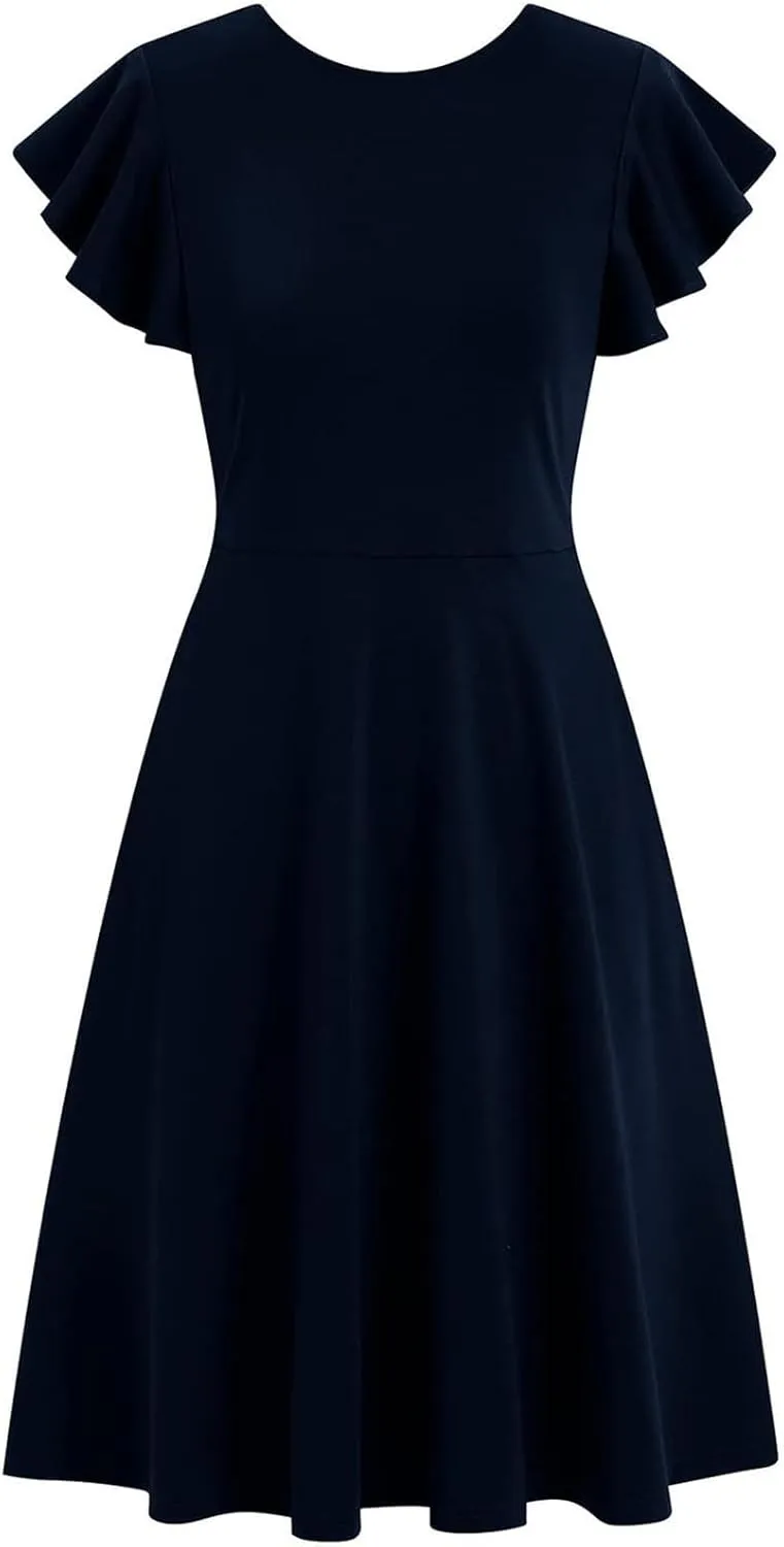Women's Elegant Dress Solid Puff Sleeve Round Neck Slimming Waist Midi Skirt Flowy Big Hem Work Prom Gowns