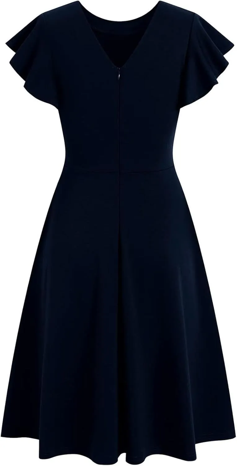 Women's Elegant Dress Solid Puff Sleeve Round Neck Slimming Waist Midi Skirt Flowy Big Hem Work Prom Gowns