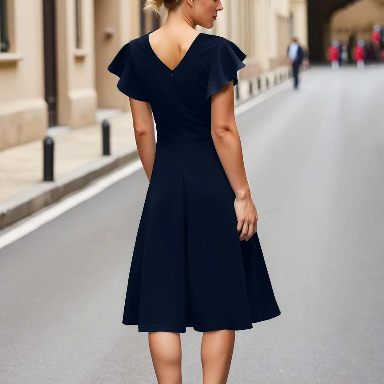 Women's Elegant Dress Solid Puff Sleeve Round Neck Slimming Waist Midi Skirt Flowy Big Hem Work Prom Gowns