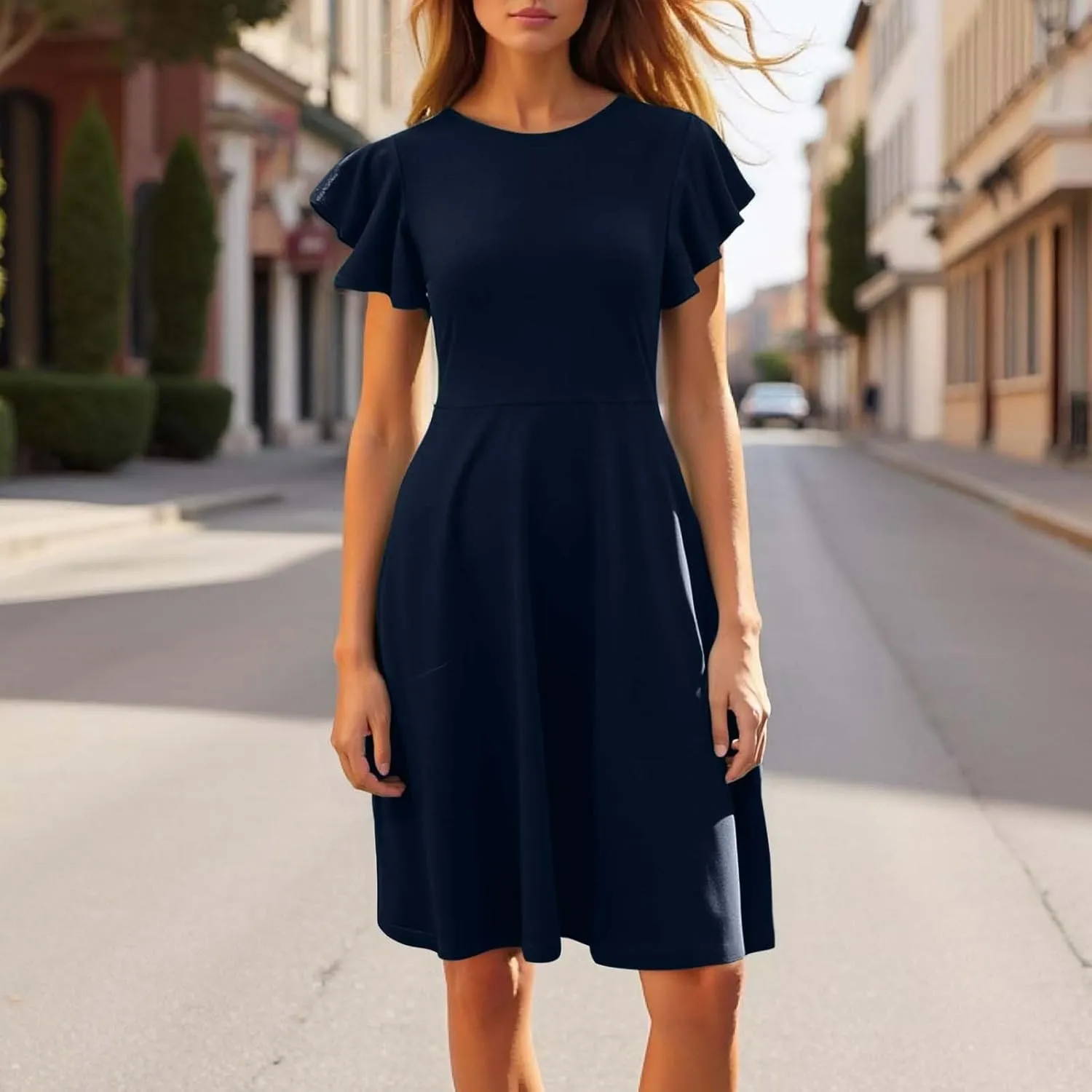 Women's Elegant Dress Solid Puff Sleeve Round Neck Slimming Waist Midi Skirt Flowy Big Hem Work Prom Gowns