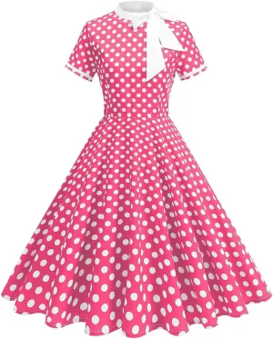 Women's Elegant Dresses Vintage Polka Dot Printed A-Line Dress Short Sleeve Lapel Maxi Skirts Court Business Gowns