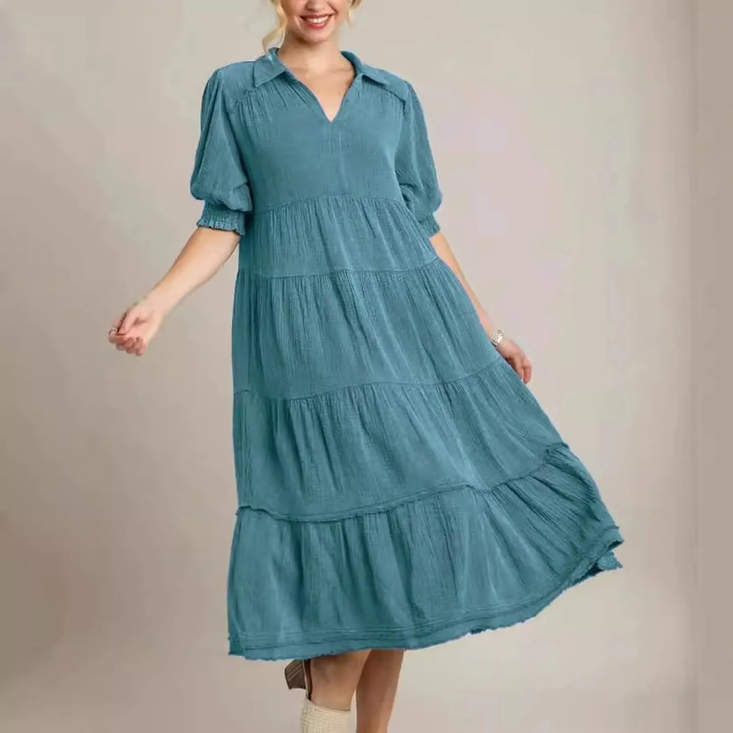 Women's Elegant Multi-Layered Ruffle Hem Pleated Long Skirts Lapel V Neck Puff Sleeve Loose Dresses Prom Concert