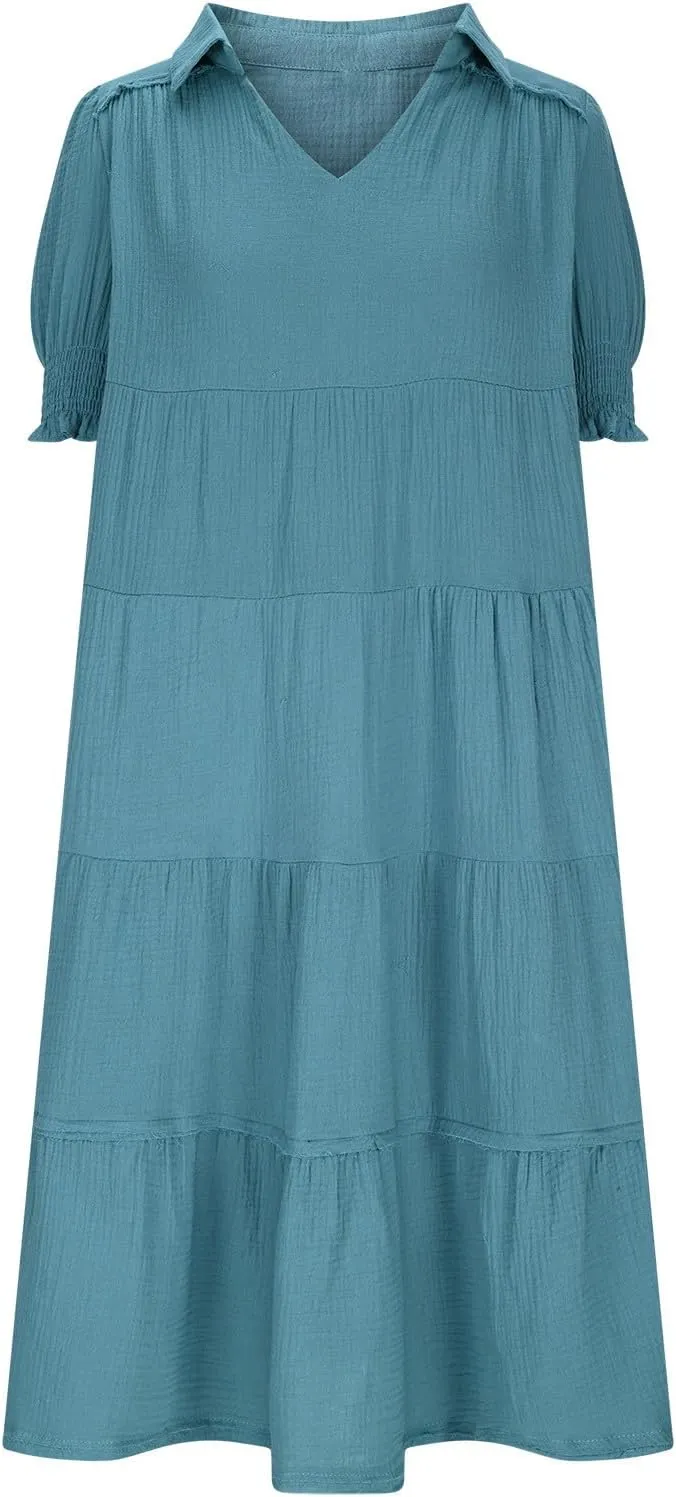 Women's Elegant Multi-Layered Ruffle Hem Pleated Long Skirts Lapel V Neck Puff Sleeve Loose Dresses Prom Concert