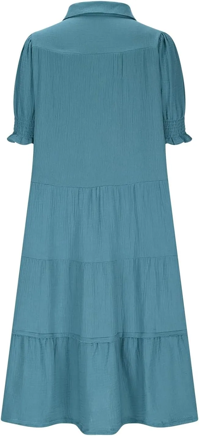 Women's Elegant Multi-Layered Ruffle Hem Pleated Long Skirts Lapel V Neck Puff Sleeve Loose Dresses Prom Concert