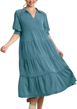Women's Elegant Multi-Layered Ruffle Hem Pleated Long Skirts Lapel V Neck Puff Sleeve Loose Dresses Prom Concert