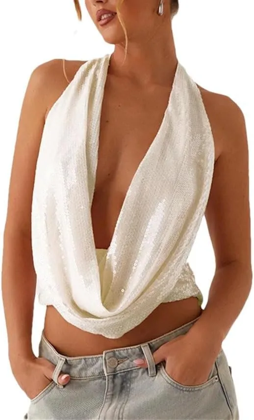 Women’S Elegant Sequined Cowl-Neck Halter Vest Summer Lace-Up Backless Tops Glamorous Sleeveless Outerwear