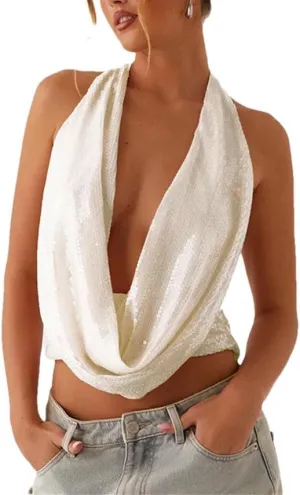 Women’S Elegant Sequined Cowl-Neck Halter Vest Summer Lace-Up Backless Tops Glamorous Sleeveless Outerwear
