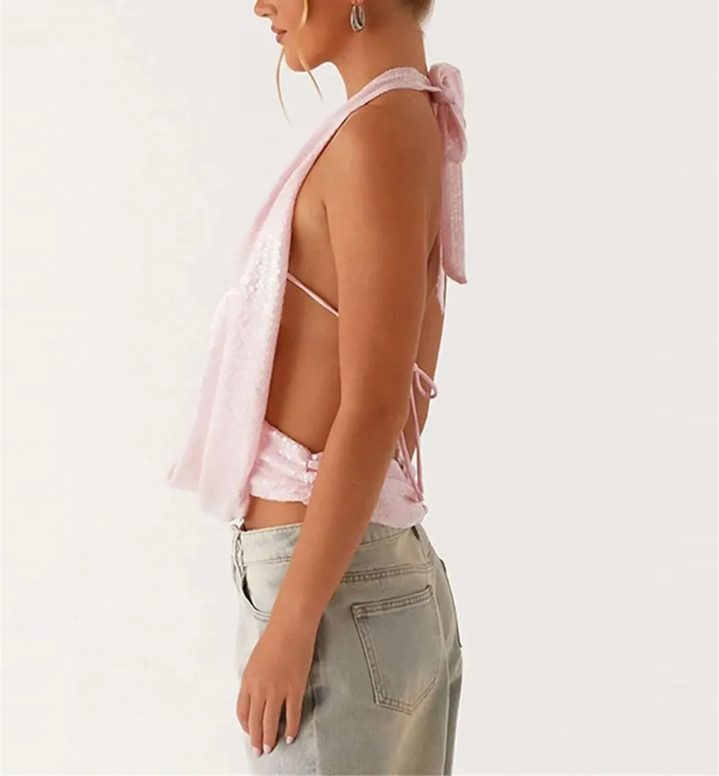Women’S Elegant Sequined Cowl-Neck Halter Vest Summer Lace-Up Backless Tops Glamorous Sleeveless Outerwear