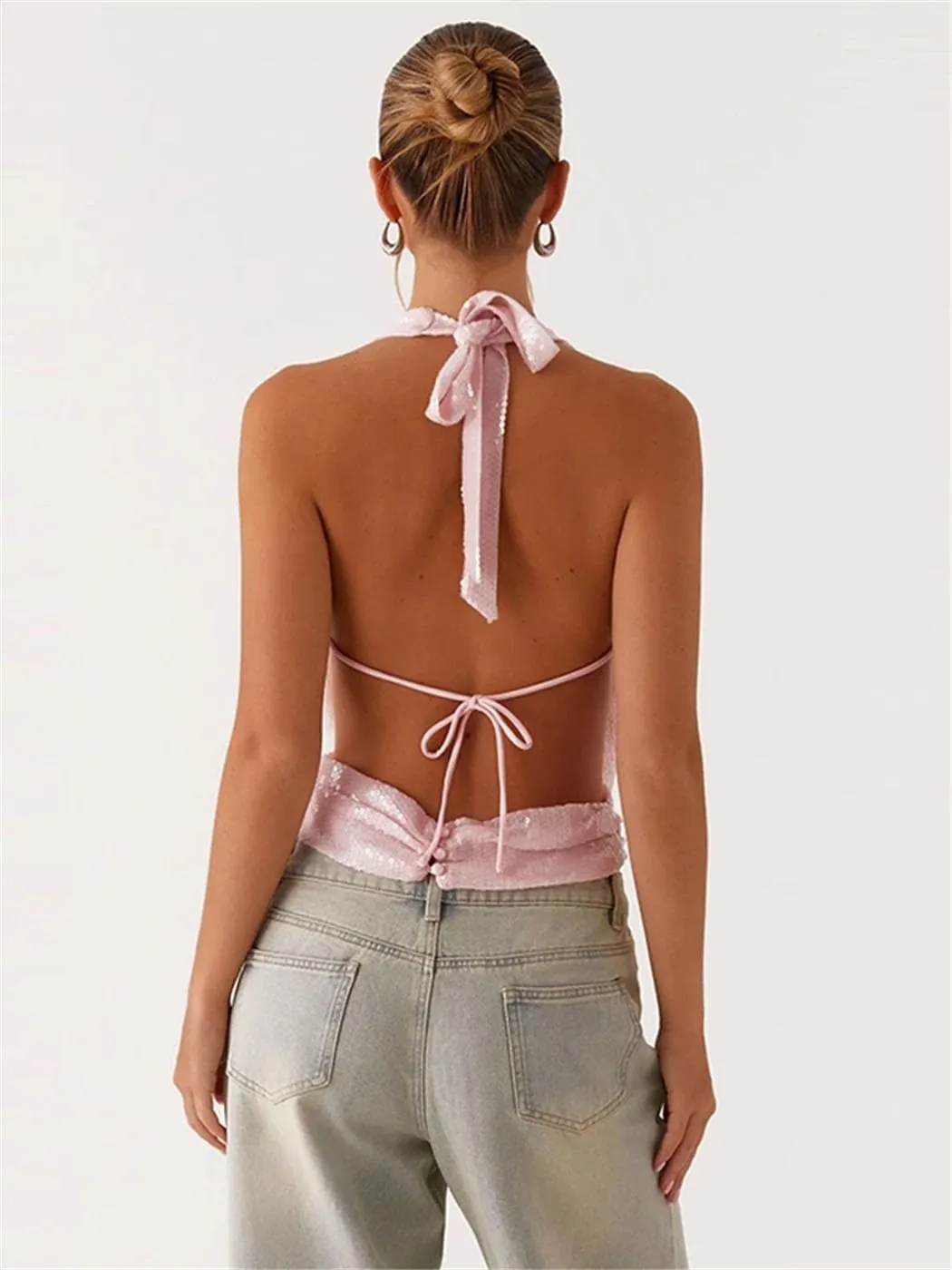 Women’S Elegant Sequined Cowl-Neck Halter Vest Summer Lace-Up Backless Tops Glamorous Sleeveless Outerwear