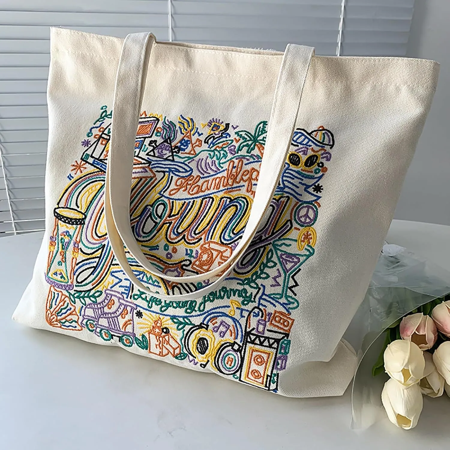 Women's Embroidered Canvas Shoulder Bag - Stylish Handbag for Artistic Shopping, Literary Tote Bag (White)