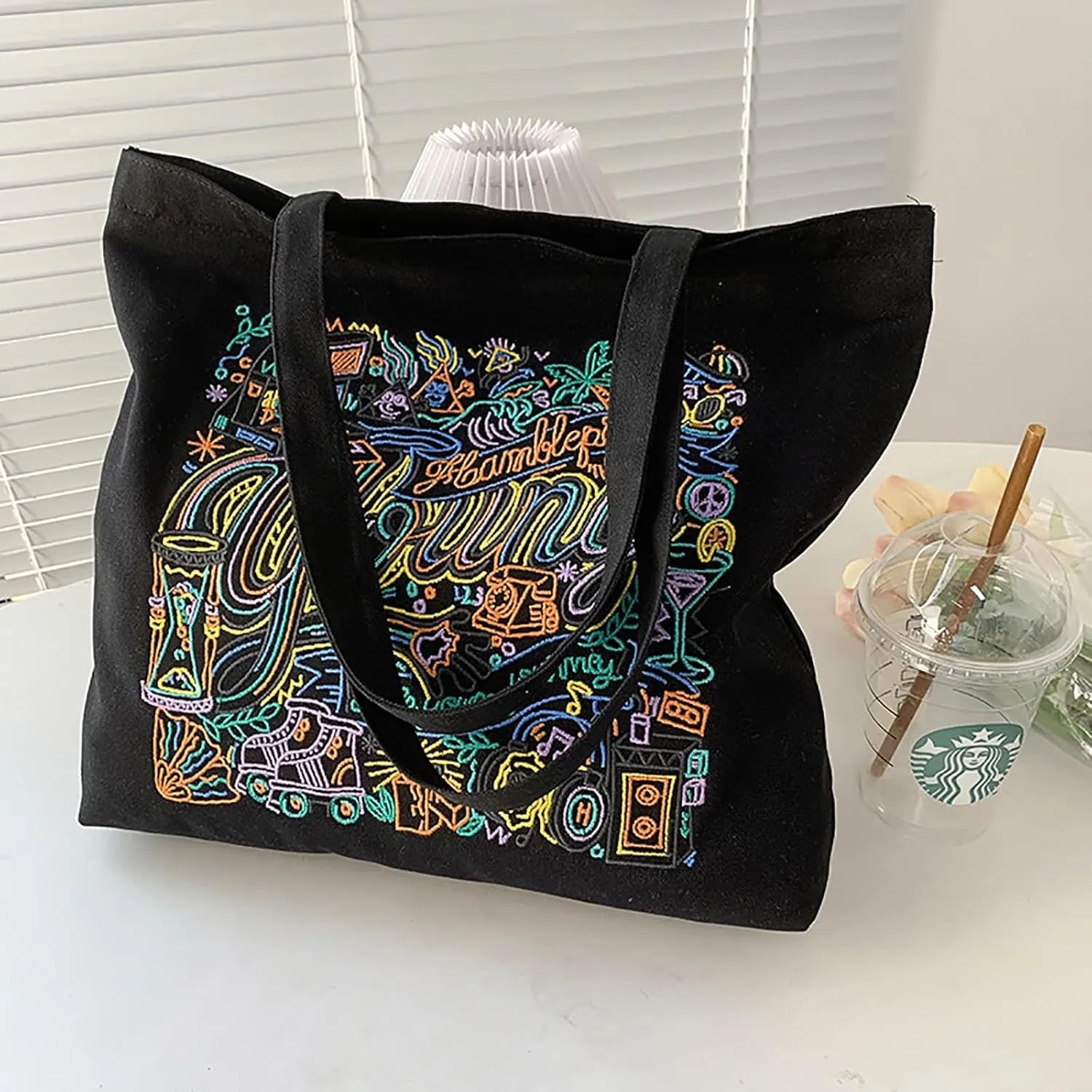 Women's Embroidered Canvas Shoulder Bag - Stylish Handbag for Artistic Shopping, Literary Tote Bag (White)