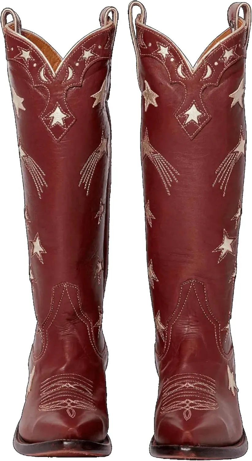 Womens Embroidered Cowboy Boots Almond Round Toe Pull On Cowgirl Boots Moon and Star Inlay Western Boots