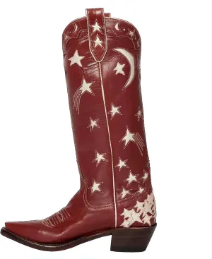 Womens Embroidered Cowboy Boots Almond Round Toe Pull On Cowgirl Boots Moon and Star Inlay Western Boots