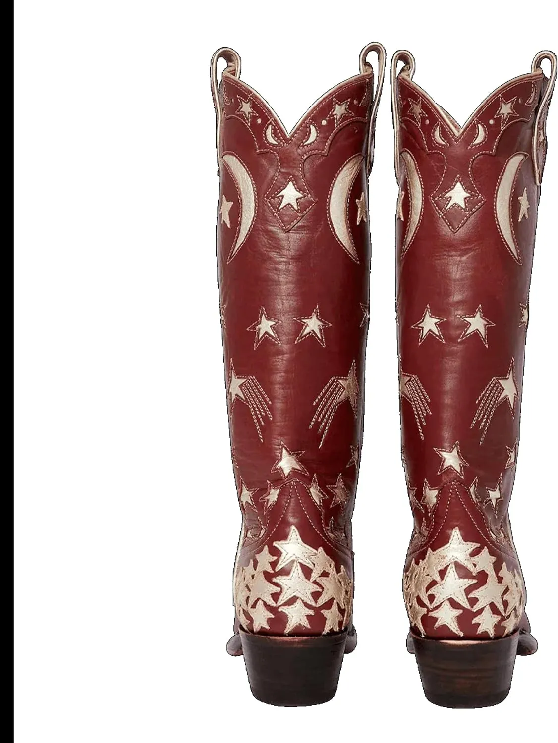 Womens Embroidered Cowboy Boots Almond Round Toe Pull On Cowgirl Boots Moon and Star Inlay Western Boots