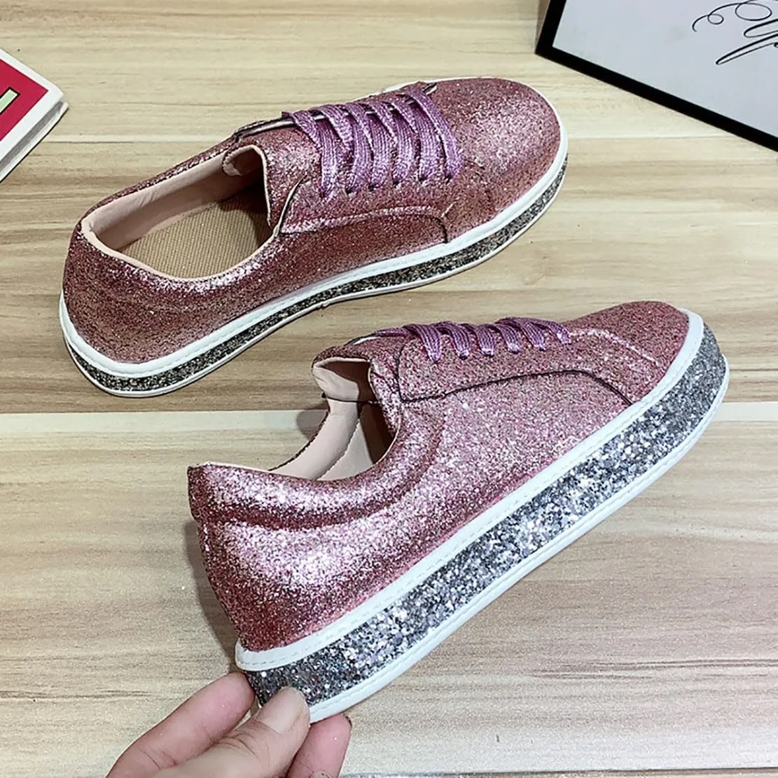 Women's Fashion Star Sneaker Glitter Sparkly Fashion Shiny Casual Bling Sequin Concert Shoes Canvas Low Top Lace Up Comfortable Cushioned Walking for Street Wedding Party Night Club