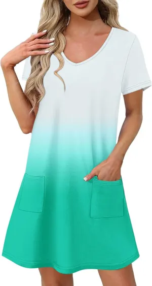 Women's Fashion Summer Dress Gradient Short Sleeve V-Neck Lounge Dresses Loose Comfy Solid Midi Skirts Vacation