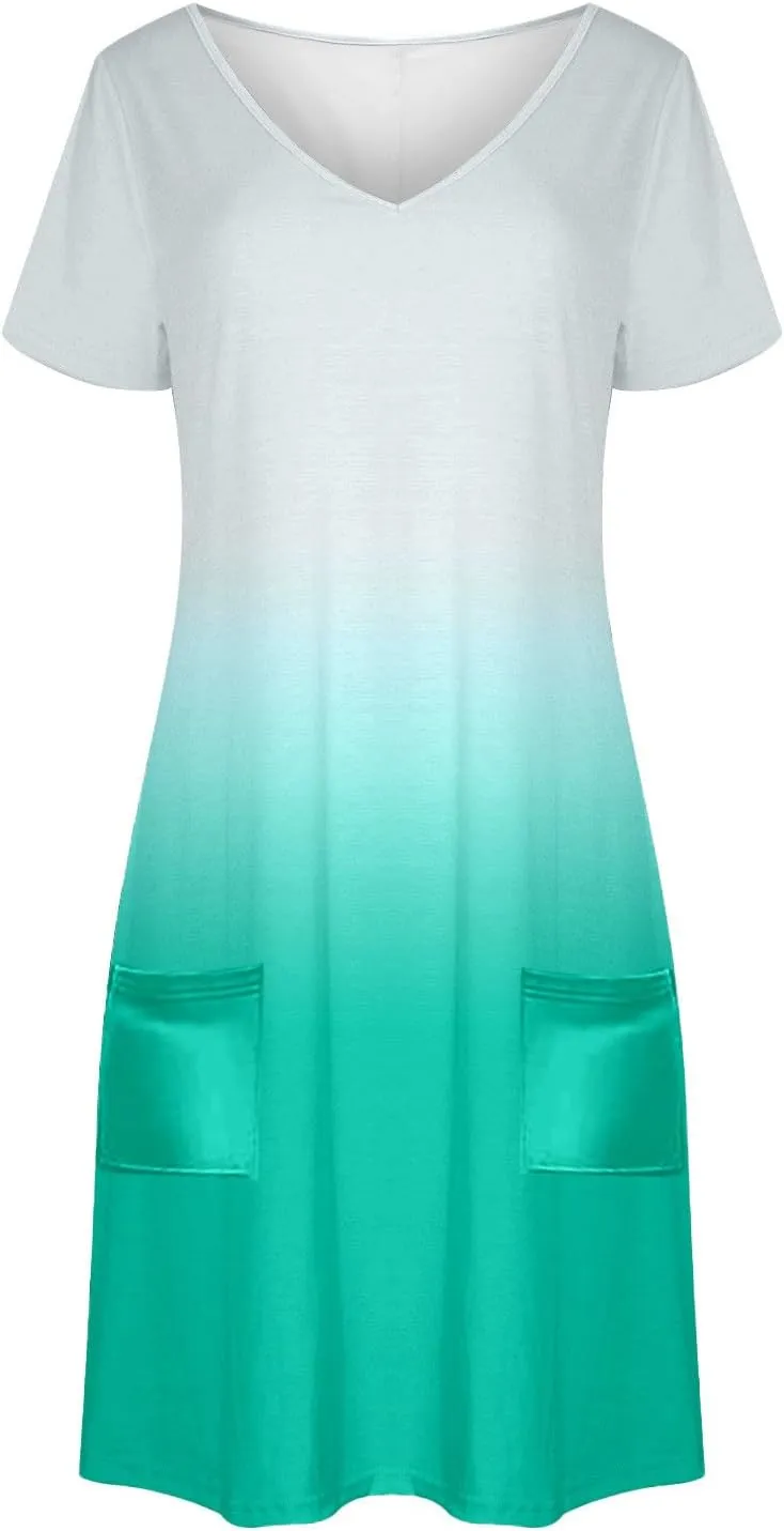 Women's Fashion Summer Dress Gradient Short Sleeve V-Neck Lounge Dresses Loose Comfy Solid Midi Skirts Vacation