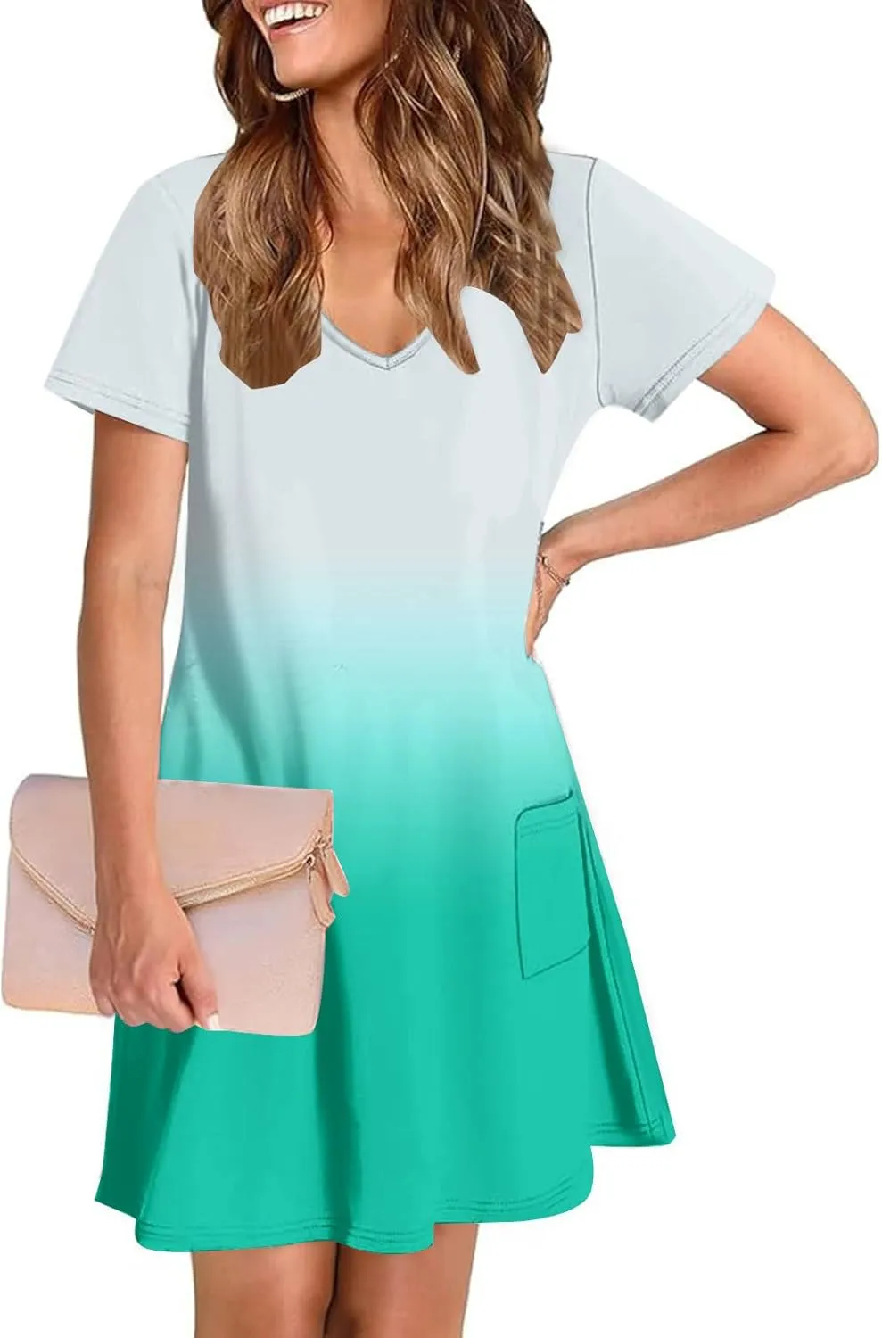 Women's Fashion Summer Dress Gradient Short Sleeve V-Neck Lounge Dresses Loose Comfy Solid Midi Skirts Vacation