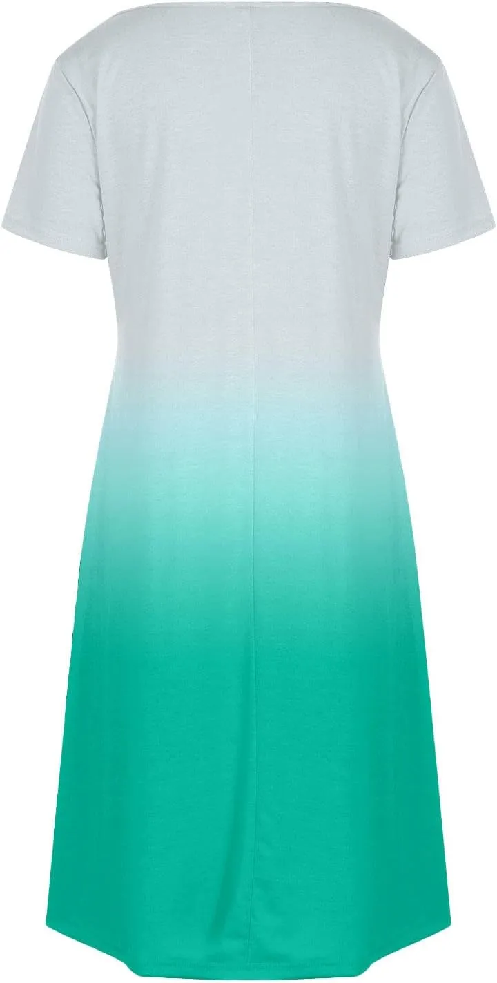 Women's Fashion Summer Dress Gradient Short Sleeve V-Neck Lounge Dresses Loose Comfy Solid Midi Skirts Vacation