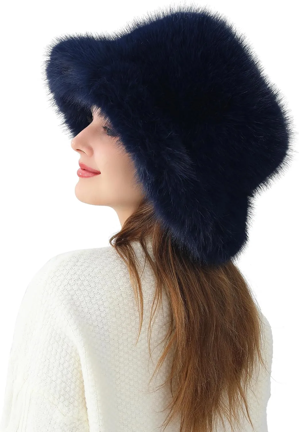 Women's Faux Fur Bucket Hats Fluffy Winter Warm Ladie's Unique Wide Brim Fisherman Cap