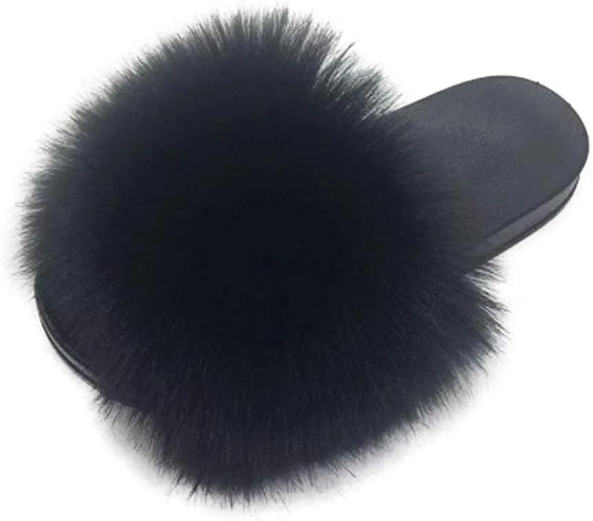 Women's Faux Fur Slides Slippers Fluffy Fuzzy Sandals Open Toe Furry Slide Flip Flop Indoor Outdoor