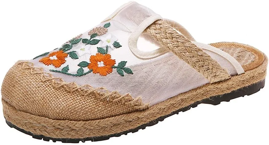 Women's Floral Embroidered Shoes Comfortable Round Toe Flats Chinese Ethnic Style Traditional Old Beijing Embroidered Shoe