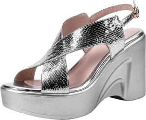 Women's Gold/Silver Genuine Leather Wedges - Platform High Heels for Parties & Weddings