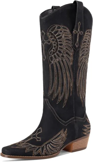Womens Knee High Boots Cowboy Cowgirl Tall Western Boots Pull On Square Toe Low Chunky Heel Retro Dress Ladies Comfortable Embroidered Boot