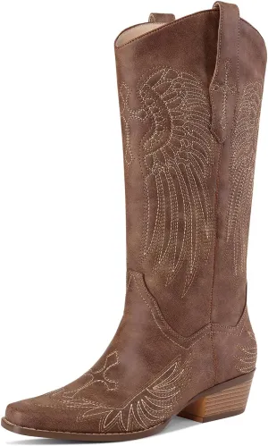 Womens Knee High Boots Cowboy Cowgirl Tall Western Boots Pull On Square Toe Low Chunky Heel Retro Dress Ladies Comfortable Embroidered Boot