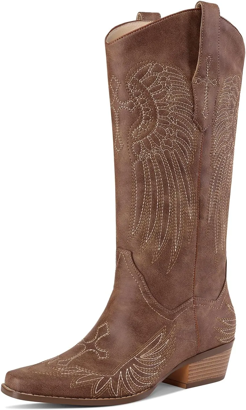 Womens Knee High Boots Cowboy Cowgirl Tall Western Boots Pull On Square Toe Low Chunky Heel Retro Dress Ladies Comfortable Embroidered Boot