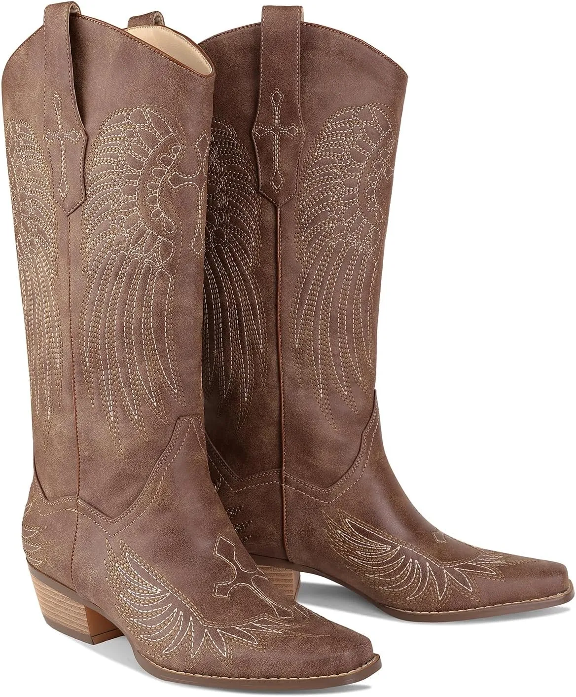 Womens Knee High Boots Cowboy Cowgirl Tall Western Boots Pull On Square Toe Low Chunky Heel Retro Dress Ladies Comfortable Embroidered Boot