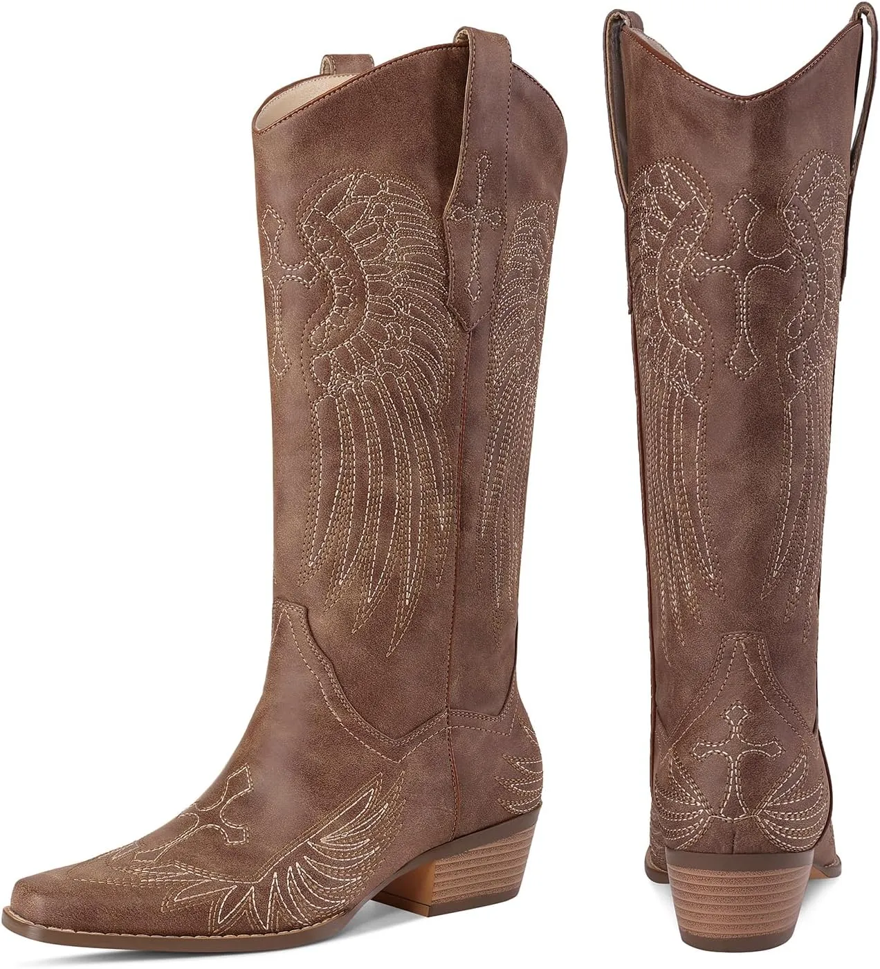 Womens Knee High Boots Cowboy Cowgirl Tall Western Boots Pull On Square Toe Low Chunky Heel Retro Dress Ladies Comfortable Embroidered Boot