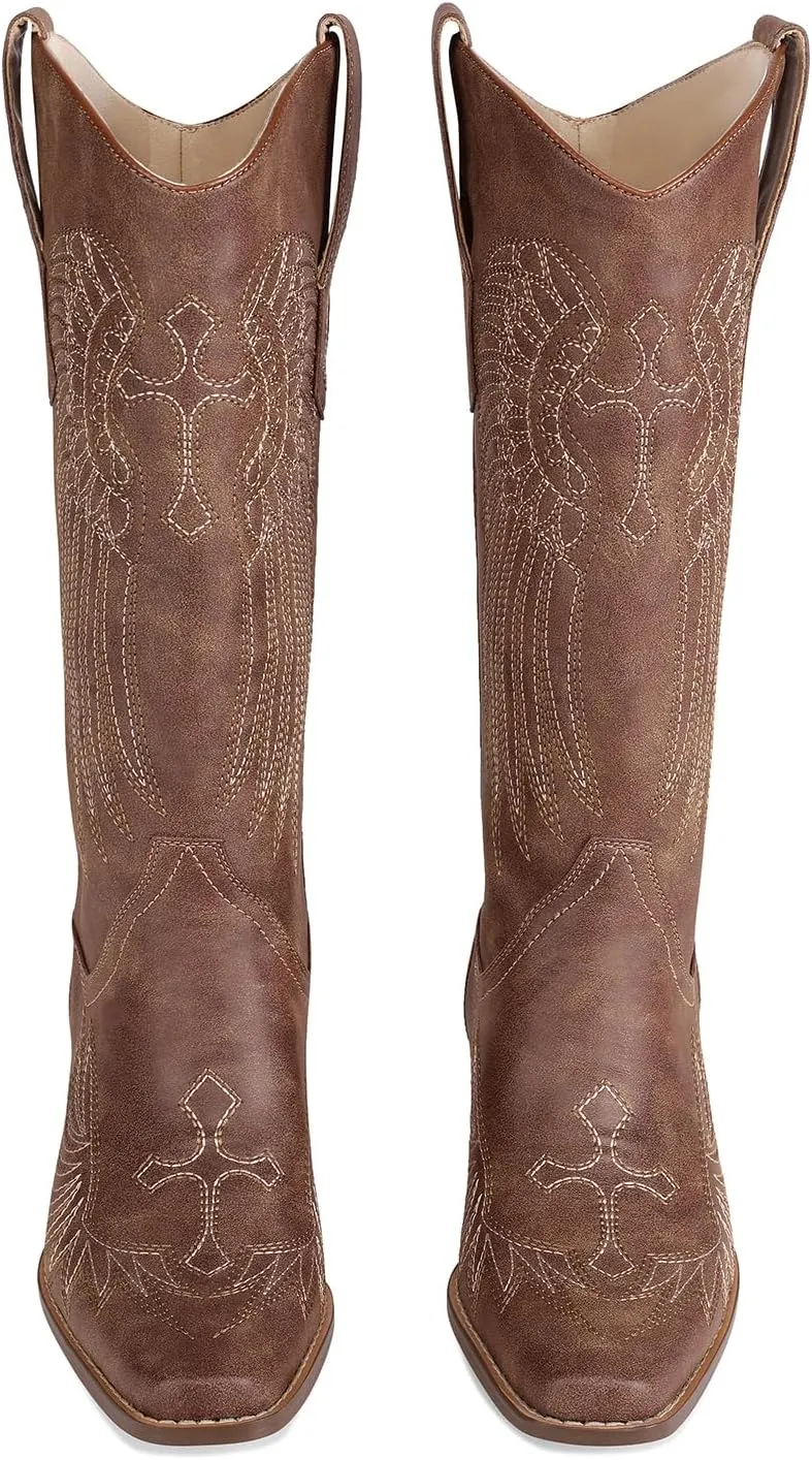 Womens Knee High Boots Cowboy Cowgirl Tall Western Boots Pull On Square Toe Low Chunky Heel Retro Dress Ladies Comfortable Embroidered Boot
