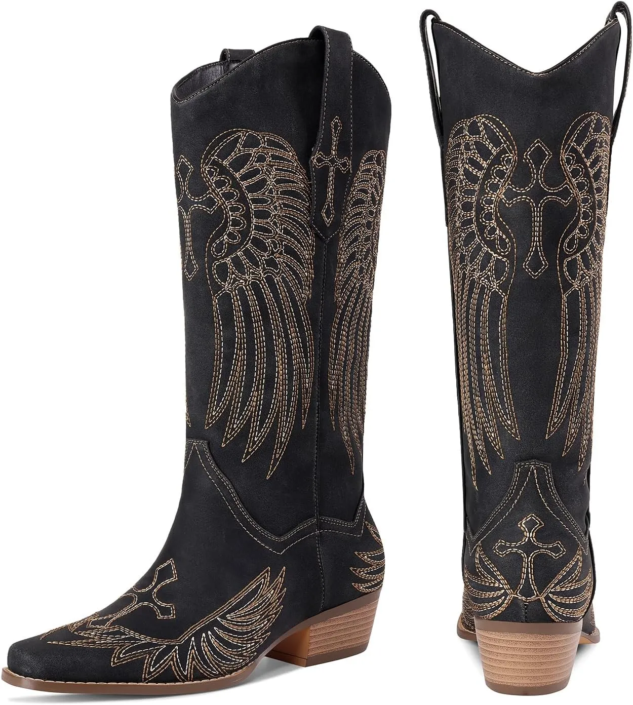 Womens Knee High Boots Cowboy Cowgirl Tall Western Boots Pull On Square Toe Low Chunky Heel Retro Dress Ladies Comfortable Embroidered Boot