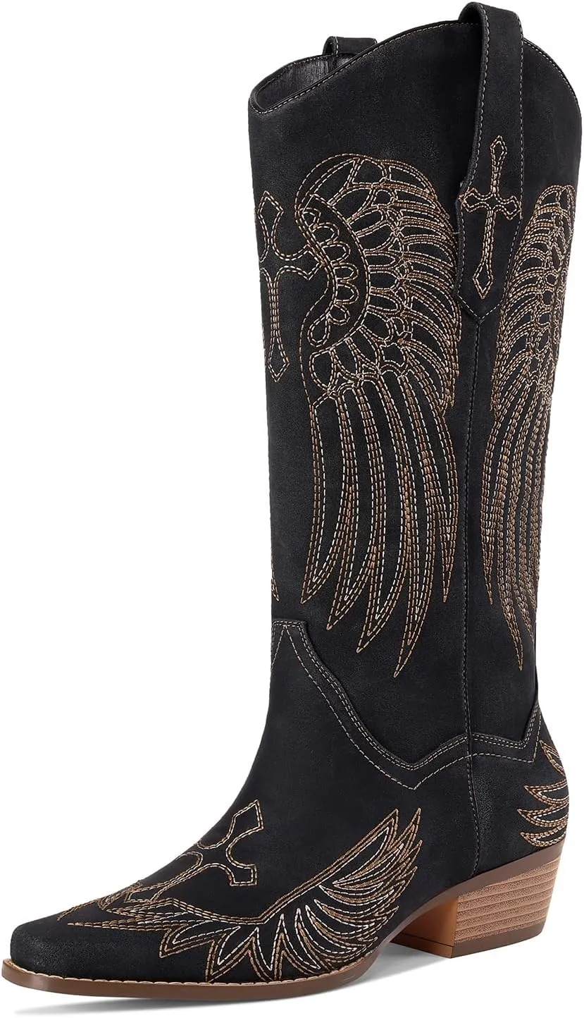 Womens Knee High Boots Cowboy Cowgirl Tall Western Boots Pull On Square Toe Low Chunky Heel Retro Dress Ladies Comfortable Embroidered Boot