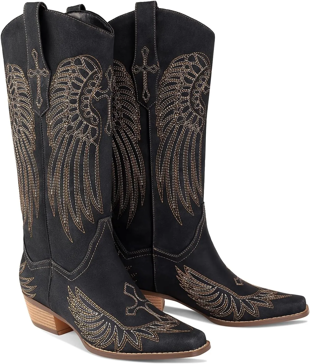 Womens Knee High Boots Cowboy Cowgirl Tall Western Boots Pull On Square Toe Low Chunky Heel Retro Dress Ladies Comfortable Embroidered Boot