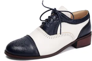 Women's Leather Perforated Lace-Up Oxfords Brogues Shoes Classic Retro Round Toe Low Heels Block Patchwork Multicolor Wingtip Derby Saddle Pumps