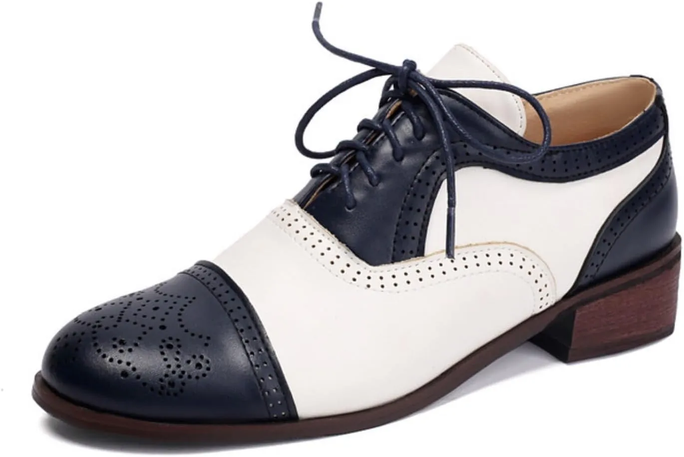 Women's Leather Perforated Lace-Up Oxfords Brogues Shoes Classic Retro Round Toe Low Heels Block Patchwork Multicolor Wingtip Derby Saddle Pumps