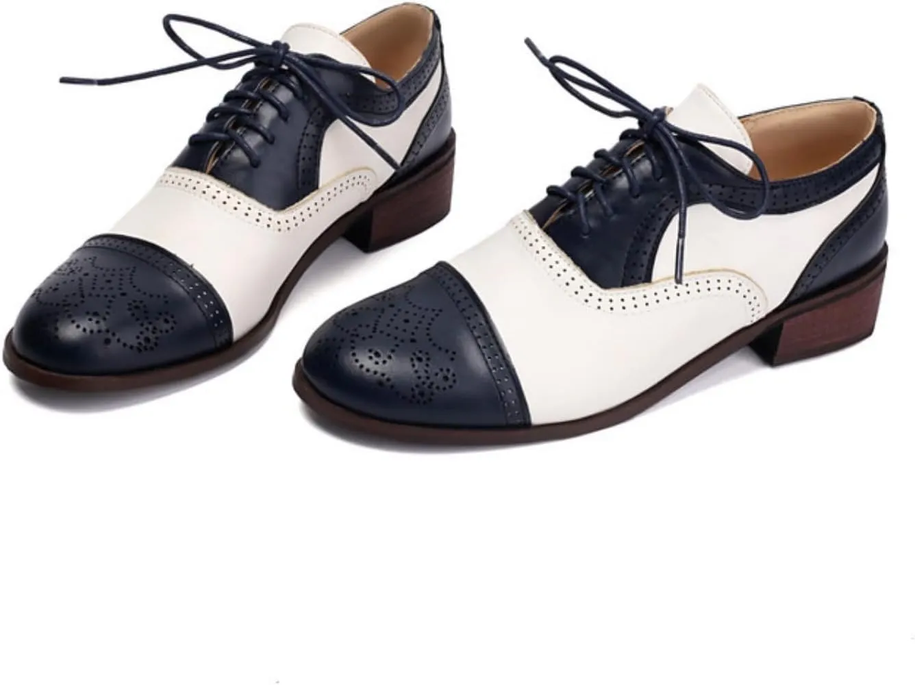 Women's Leather Perforated Lace-Up Oxfords Brogues Shoes Classic Retro Round Toe Low Heels Block Patchwork Multicolor Wingtip Derby Saddle Pumps
