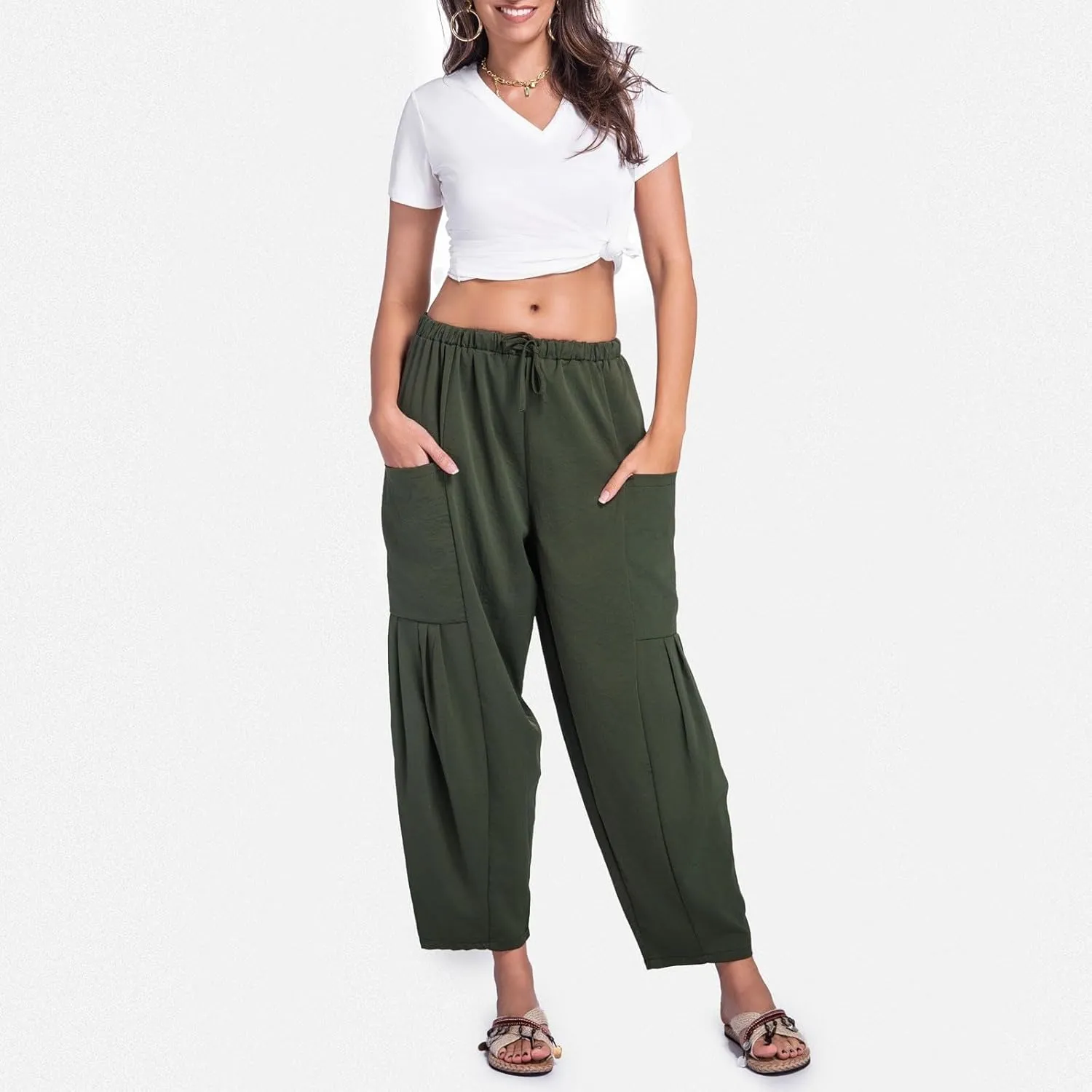 Womens Linen Wide Leg Pants Casual Palazzo Drawstring Summer Beach Travel Vacation Palazzo Harem Pants with Pockets