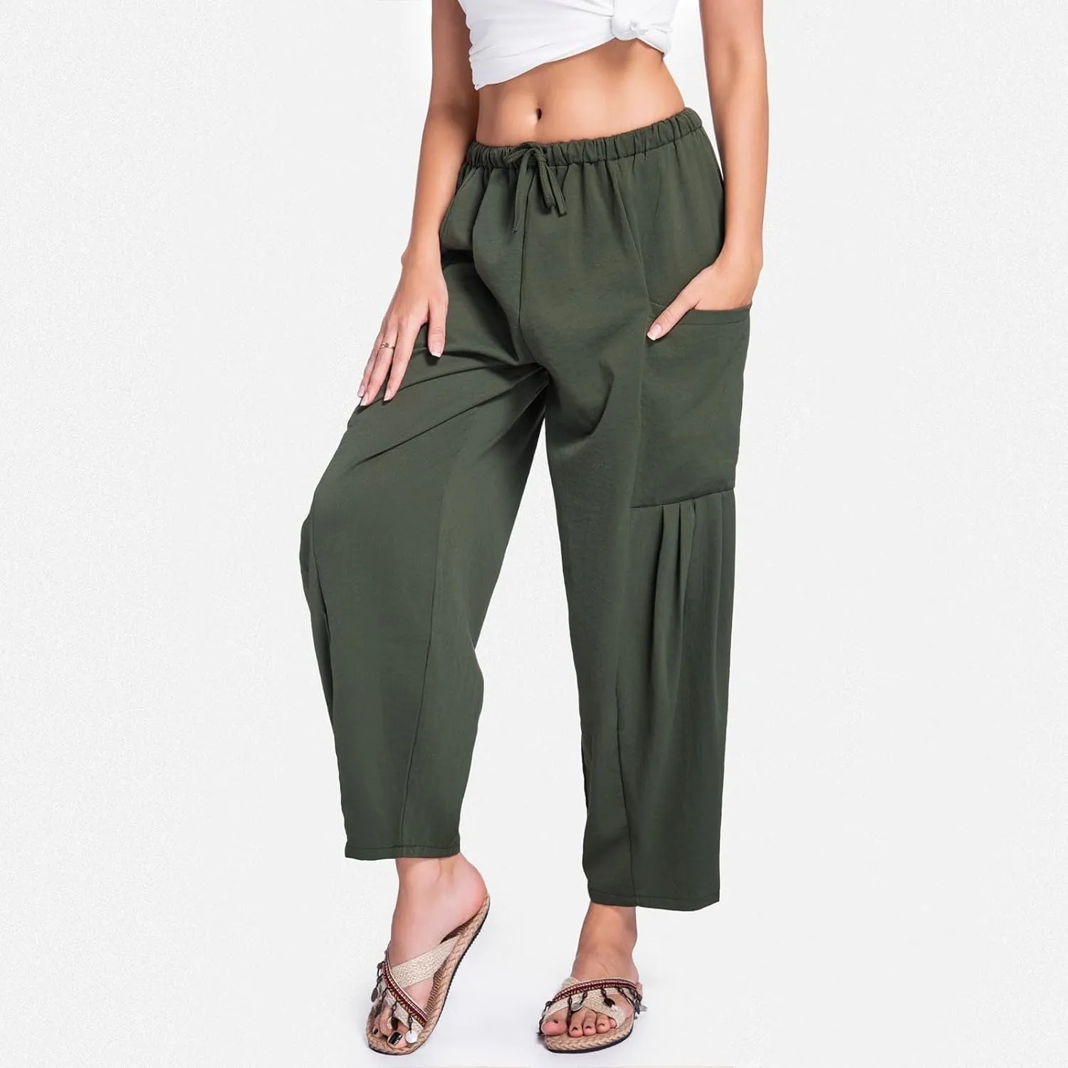 Womens Linen Wide Leg Pants Casual Palazzo Drawstring Summer Beach Travel Vacation Palazzo Harem Pants with Pockets