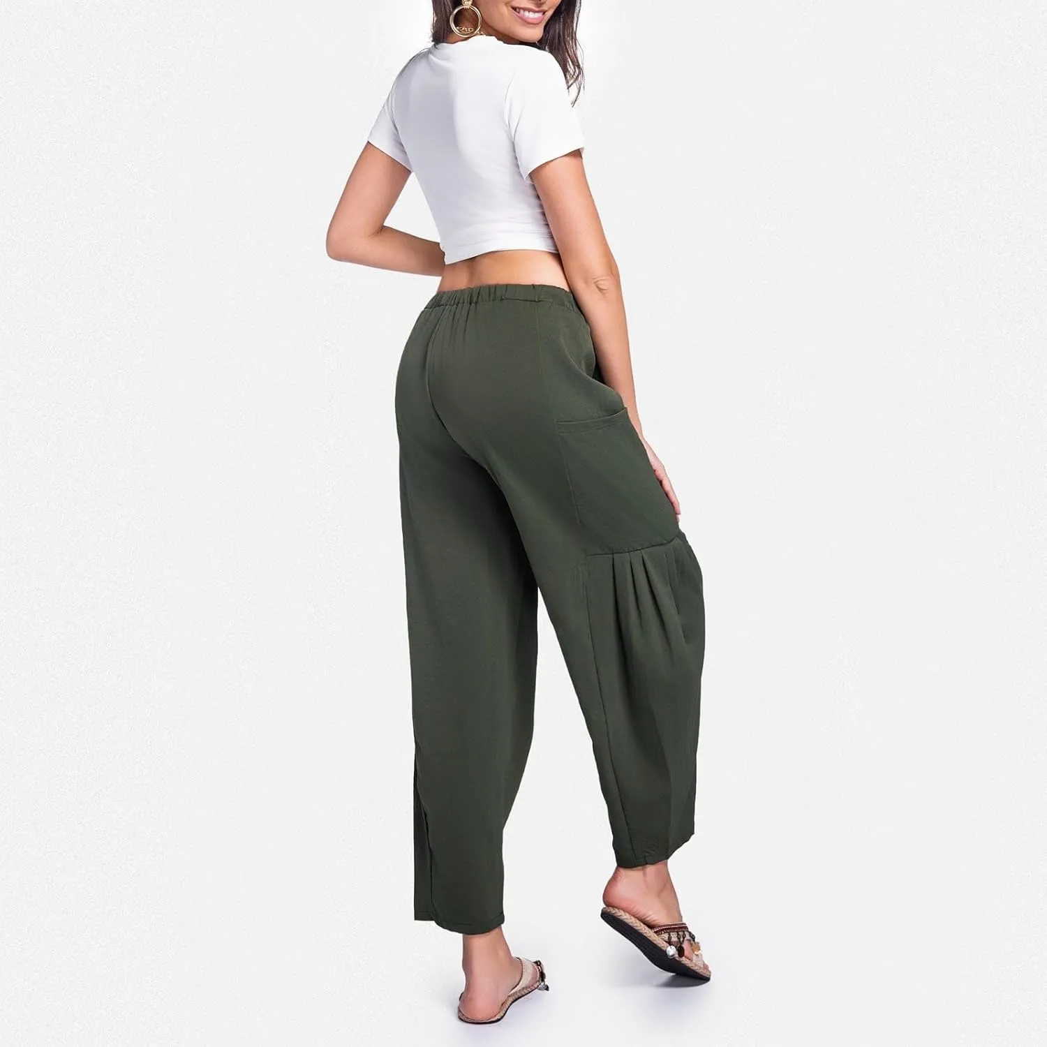 Womens Linen Wide Leg Pants Casual Palazzo Drawstring Summer Beach Travel Vacation Palazzo Harem Pants with Pockets