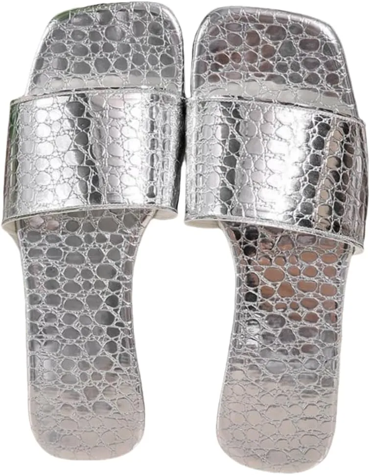 Women's Metallic Silver Croc-Embossed Slip-On Sandals, Open Toe